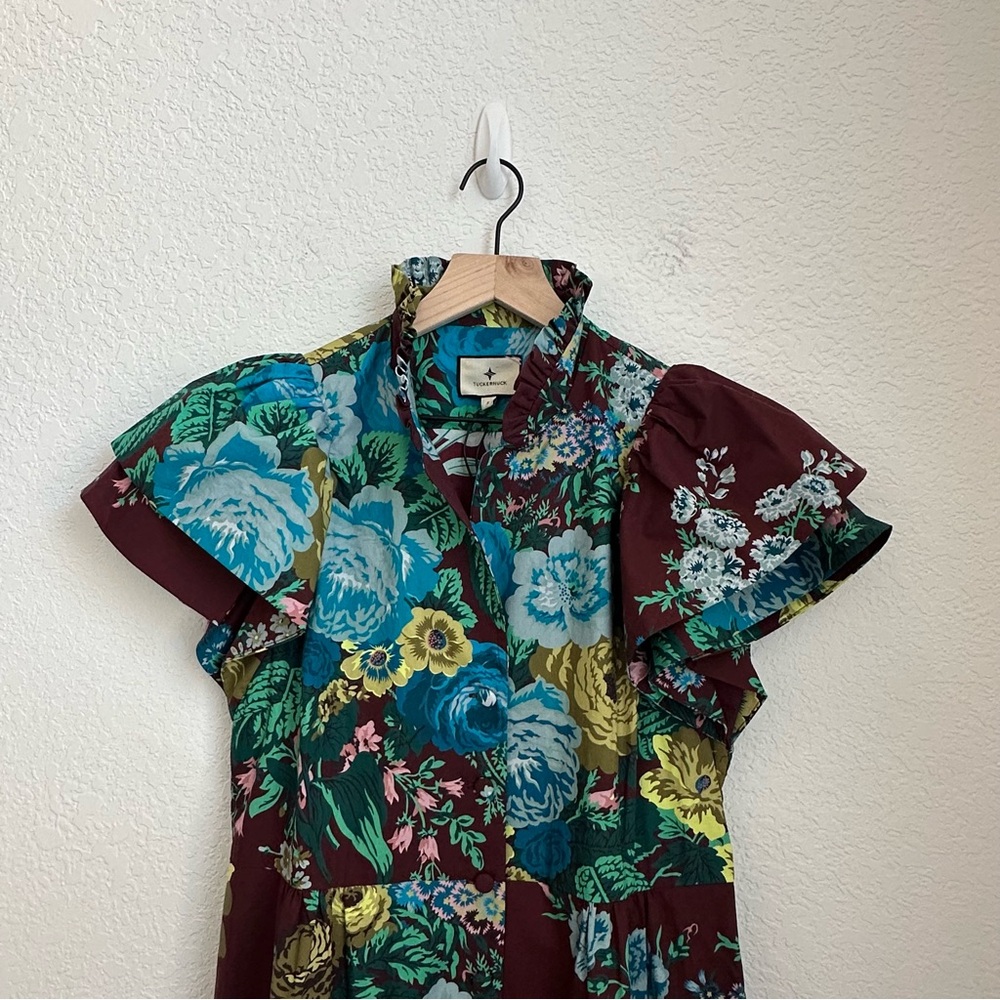 Tuckernuck Women Cotton Oxblood Blue Floral Alice Ruffled Collared Dress Size S - Picture 13 of 14